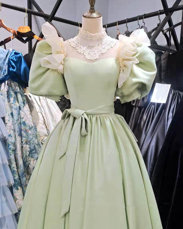 80s Style Puffy Sleeve Lace High Neck Midi Dress