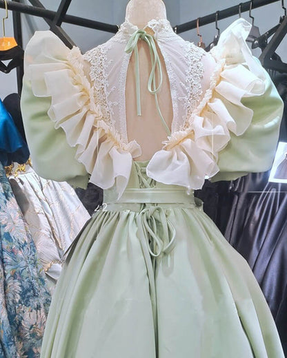 80s Style Puffy Sleeve Lace High Neck Midi Dress