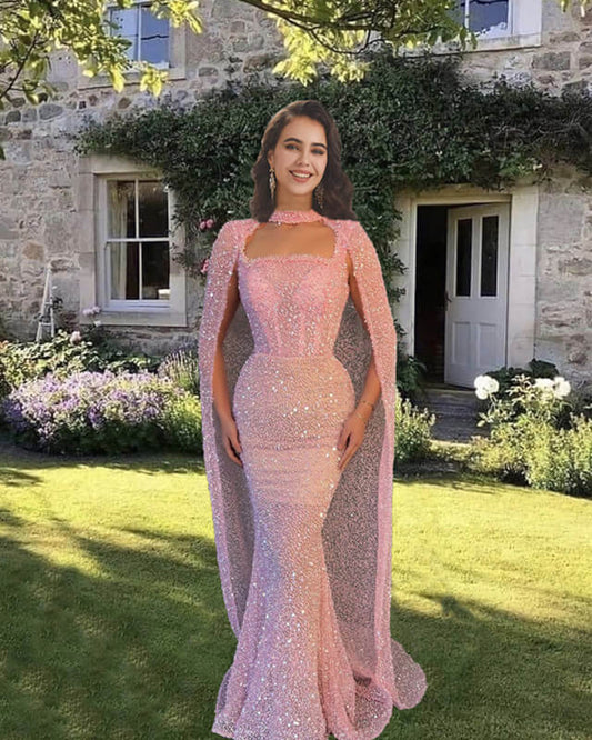 Mermaid Pink Sparkly Dress With Cape