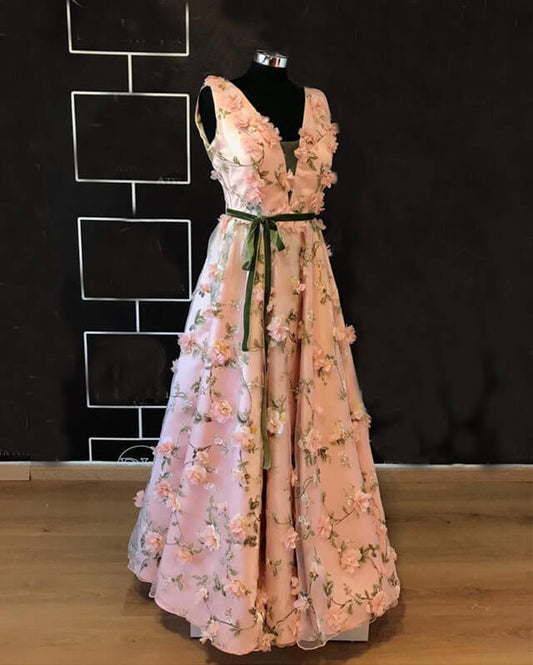 Long Pink 3D Flowers V-neck Dress