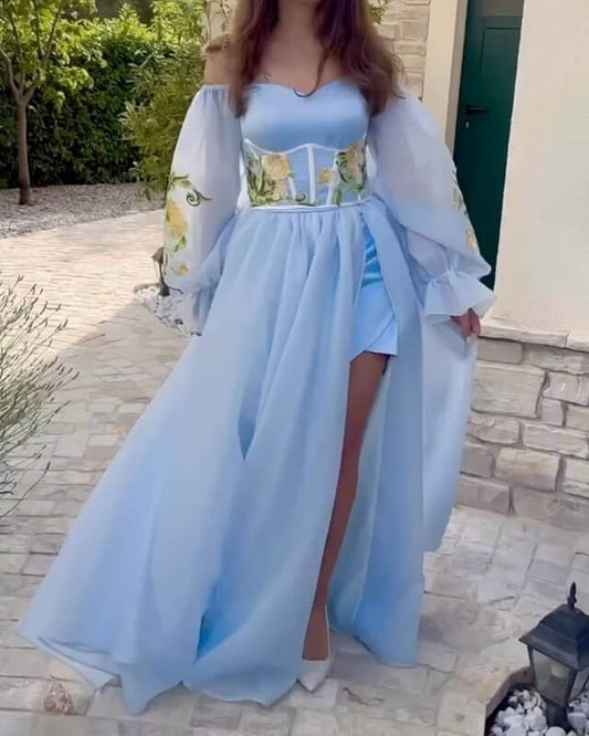 Blue Tulle Strapless Embroidery Dress With Puffy Sleeves