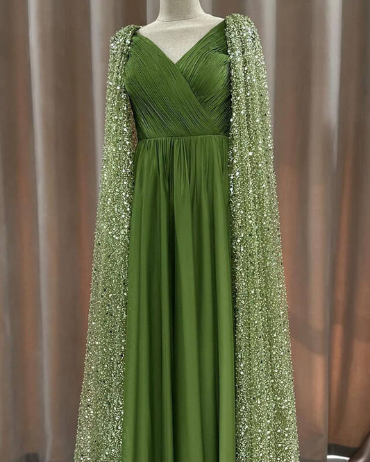 Green Tulle V-neck Dress With Beaded Cape