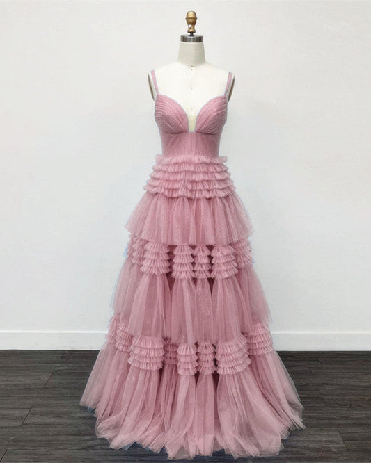 Spaghetti Straps Tiered Tulle Ball Gown Dress