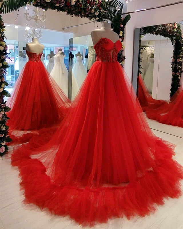 Red Tulle Ball Gown Corset Appliques Dress