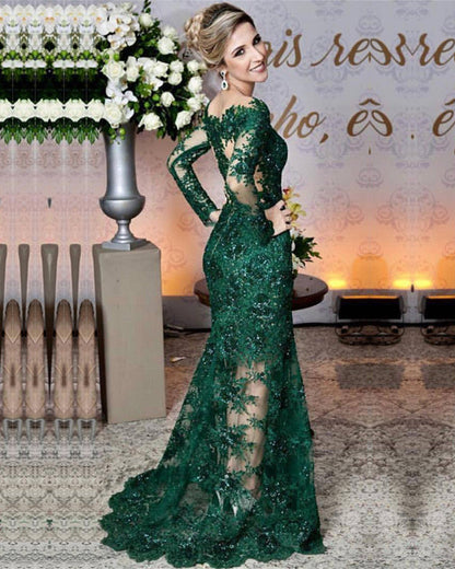 Long Sleeves Lace Mermaid Prom Dresses See Through Evening Gowns