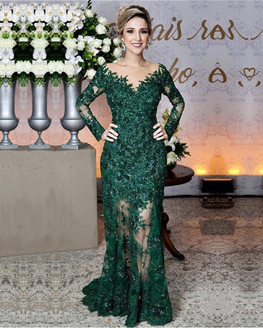 Long Sleeves Lace Mermaid Prom Dresses See Through Evening Gowns