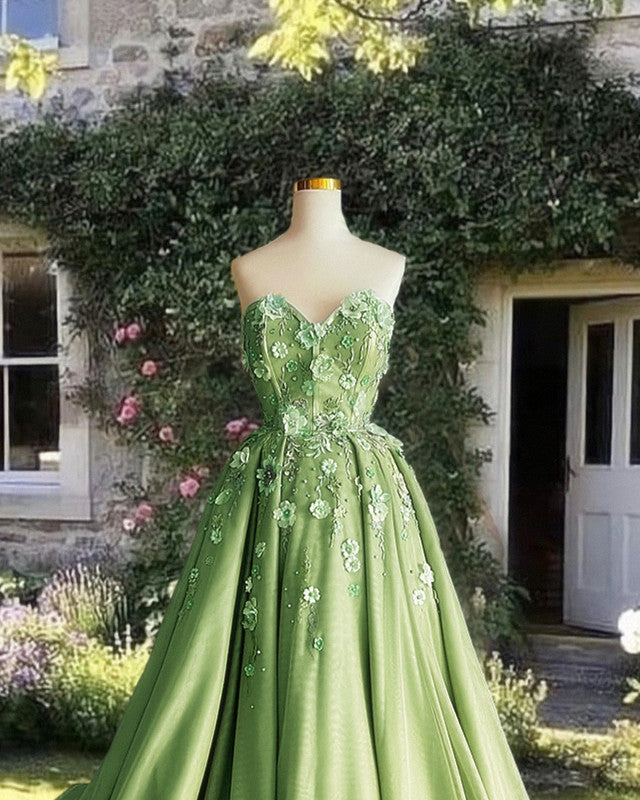 A-line 3D Flowers Embroidey Tulle Strapless Dress