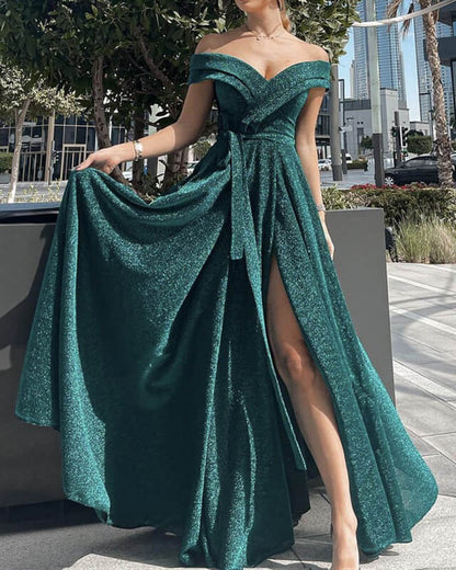 Long Emerald Sparkly Dress With Slit
