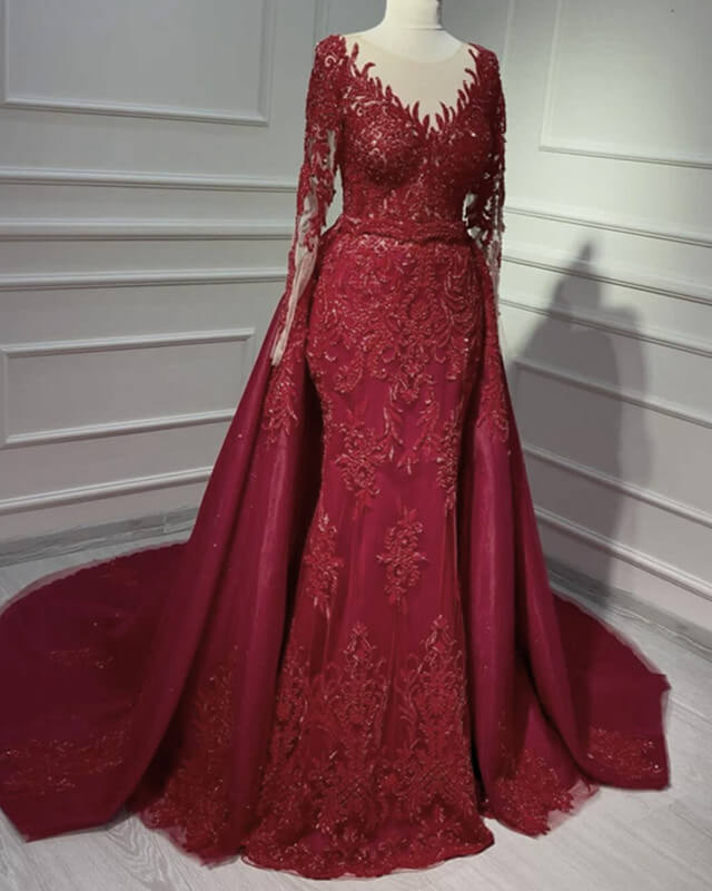 Mermaid Dark Burgundy Appliques Sleeved Dress