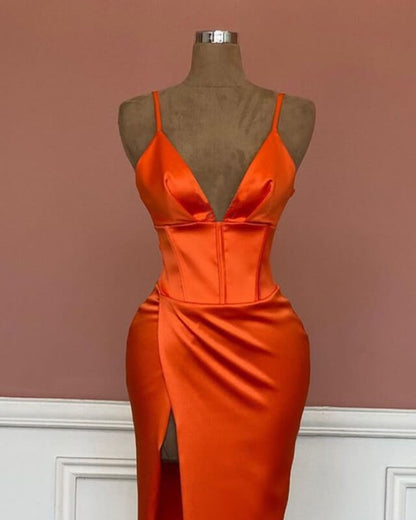 Mermaid V-neck Spaghetti Straps Satin Dress With Slit