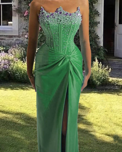 Mermaid Beaded Strapless High Slit Satin Dress