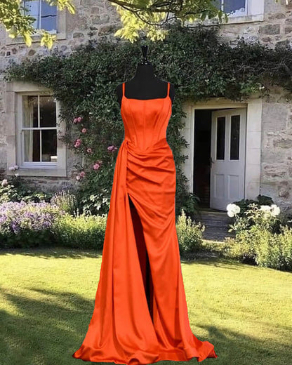 Mermaid Bright Orange Satin Split Dress