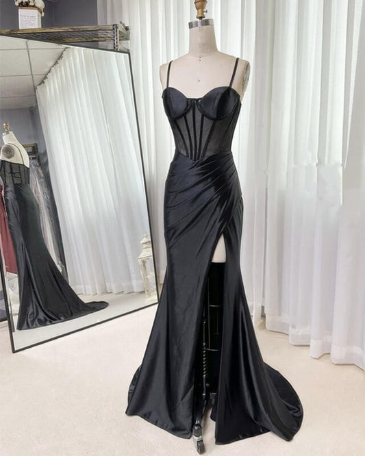 Mermaid Sweetheart Sheer Top Slit Satin Dress
