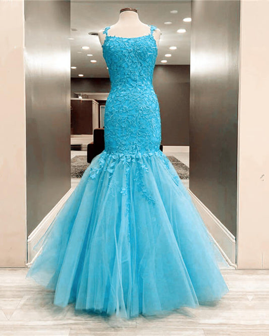 Mermaid Ice Blue Prom Dresses Lace Embroidery