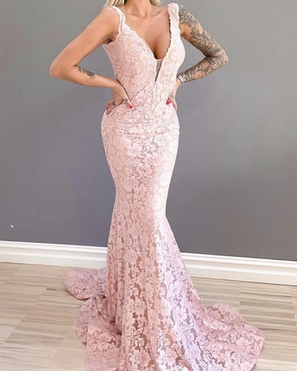 Mermaid Blush Lace V-neck Dress