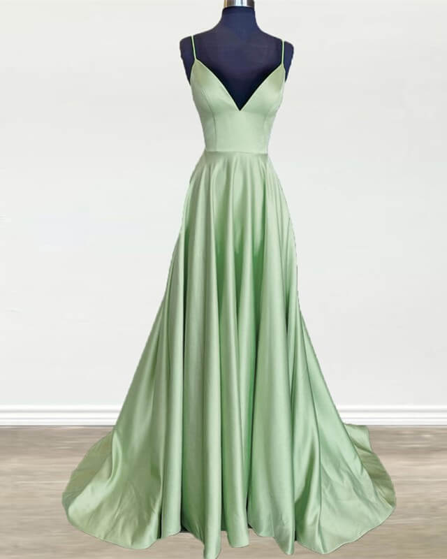 Long Sage Green V Neck Satin Dress