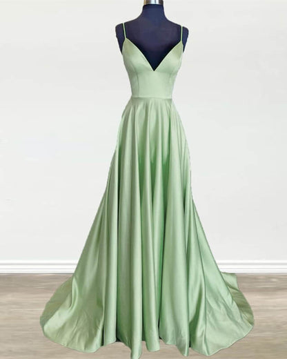 Long Sage Green V Neck Satin Dress