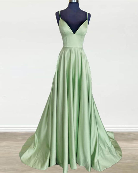 Long Sage Green V Neck Satin Dress