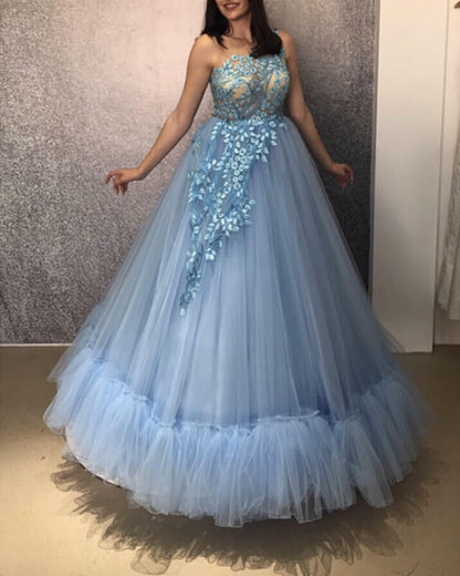Light Blue Tulle Ball Gown Ruffles Appliques Dress