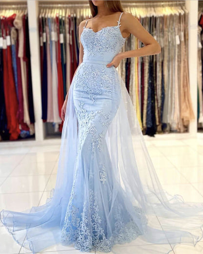 Mermaid Sage Green Lace Prom Dress Removable Train