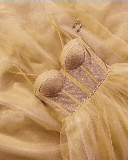 Champagne Sparkly Sweetheart Corset Tulle Dress