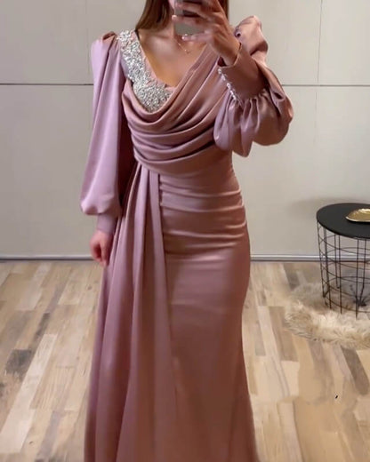 Mermaid Rose Satin Long Sleeve Dress