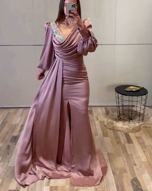 Mermaid Rose Satin Long Sleeve Dress