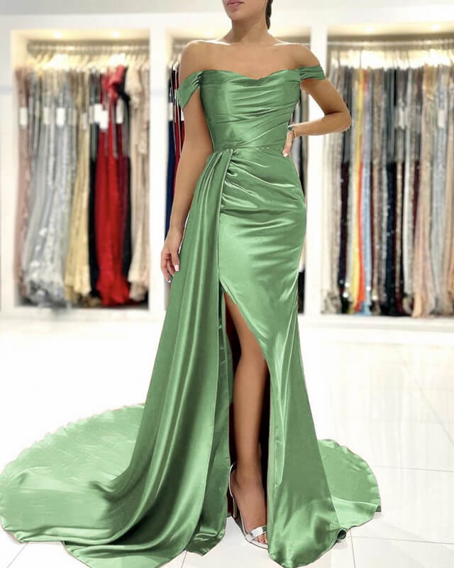 Mermaid Satin Off-shoulder Slit Dress