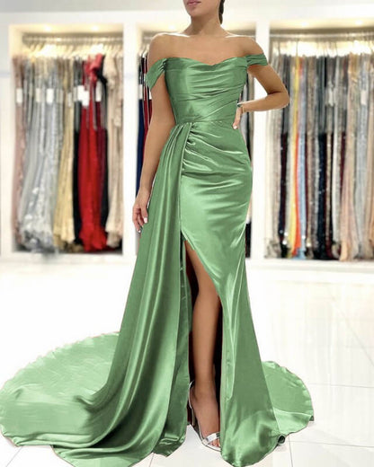 Mermaid Satin Off-shoulder Slit Dress