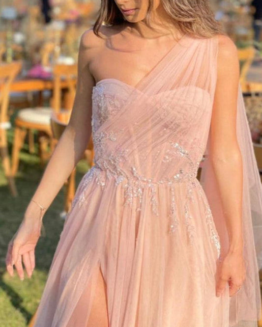 Pink Tulle One Shoulder Split Corset Dress