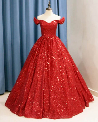 Black Sparkly Ball Gown Off The Shoulder Dress