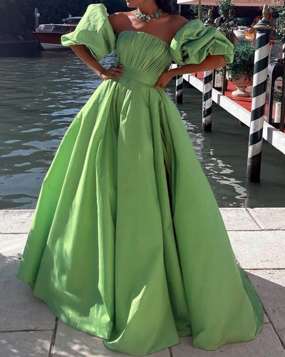 Aqua Blue Satin Removable Sleeve Ball Gown