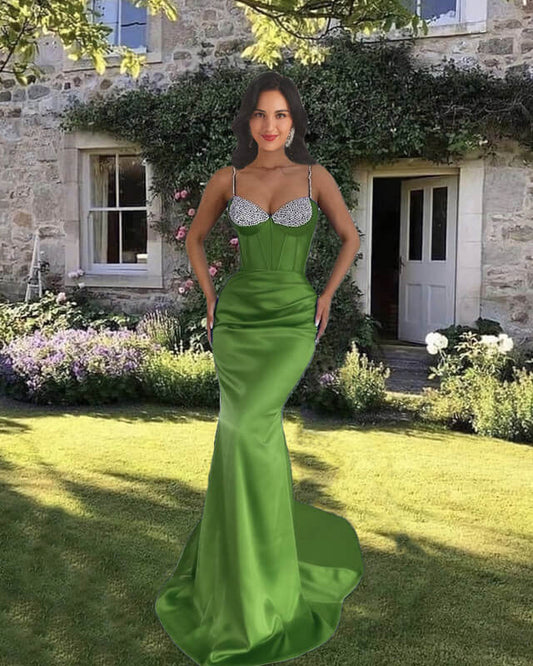 Mermaid Beaded Spaghetti Straps Satin V-neck Dress