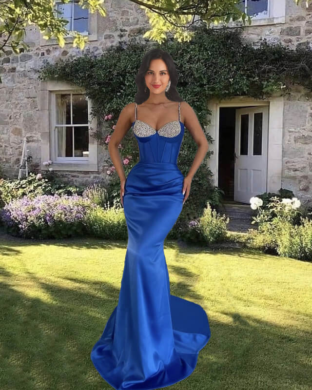 Mermaid Beaded Spaghetti Straps Satin V-neck Dress