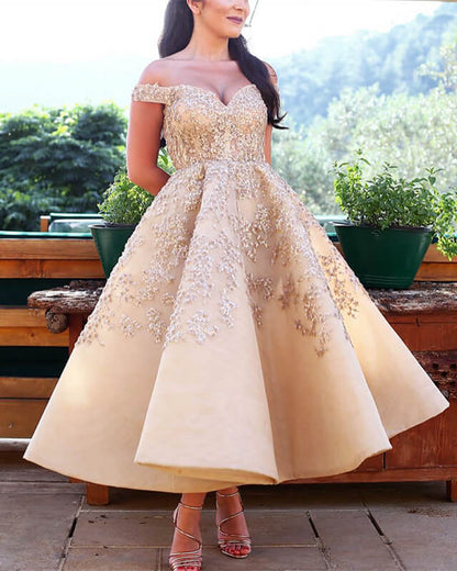 Champagne Off-the-shoulder Tea Length Lace Appliques Dresses