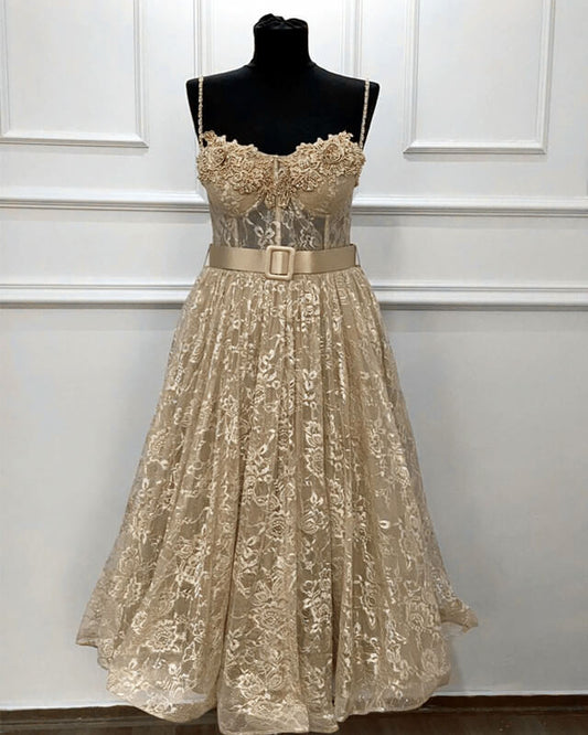 A-line Sweetheart Corset Midi Lace Dress