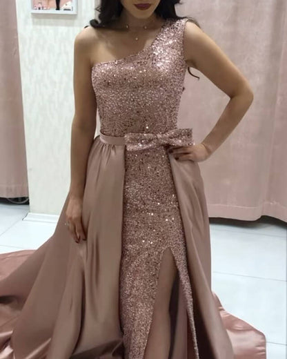Mermaid Rose Gold Sequin Prom Dress Removable Train