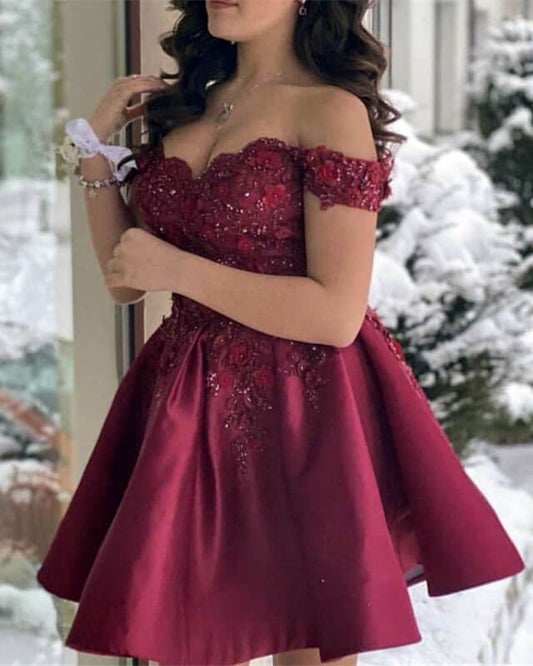 Burgundy Mini Prom Dress With 3D Lace Flowers