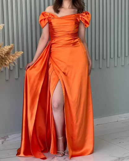 Mermair Satin Off The Shoulder Slit Dress