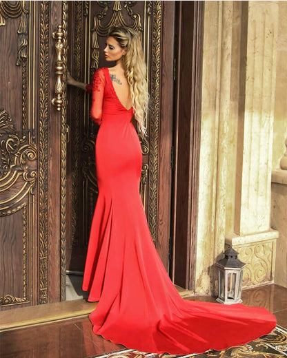 Mermaid Red Satin Dress With Lace Sleeve