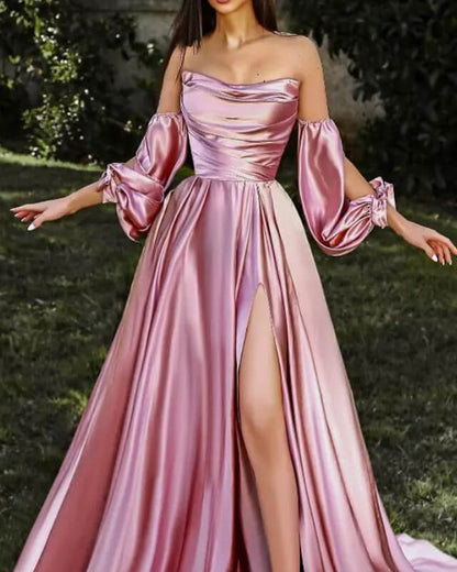 Long Strapless Removable Satin Dress With Slit