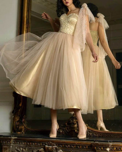 Midi Tulle Corset Dress With Pearl Beaded