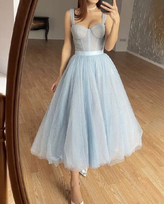 Baby Blue Tulle Midi Corset Dress