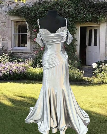 Mermaid Silver Satin Cold Shoulder Dress