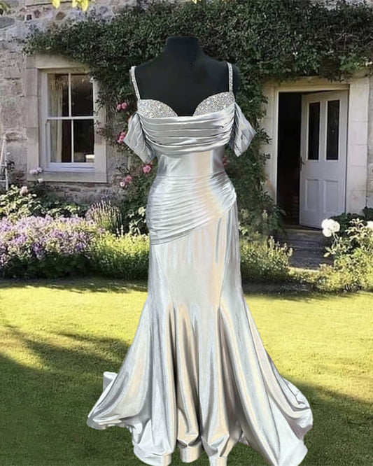 Mermaid Silver Satin Cold Shoulder Dress
