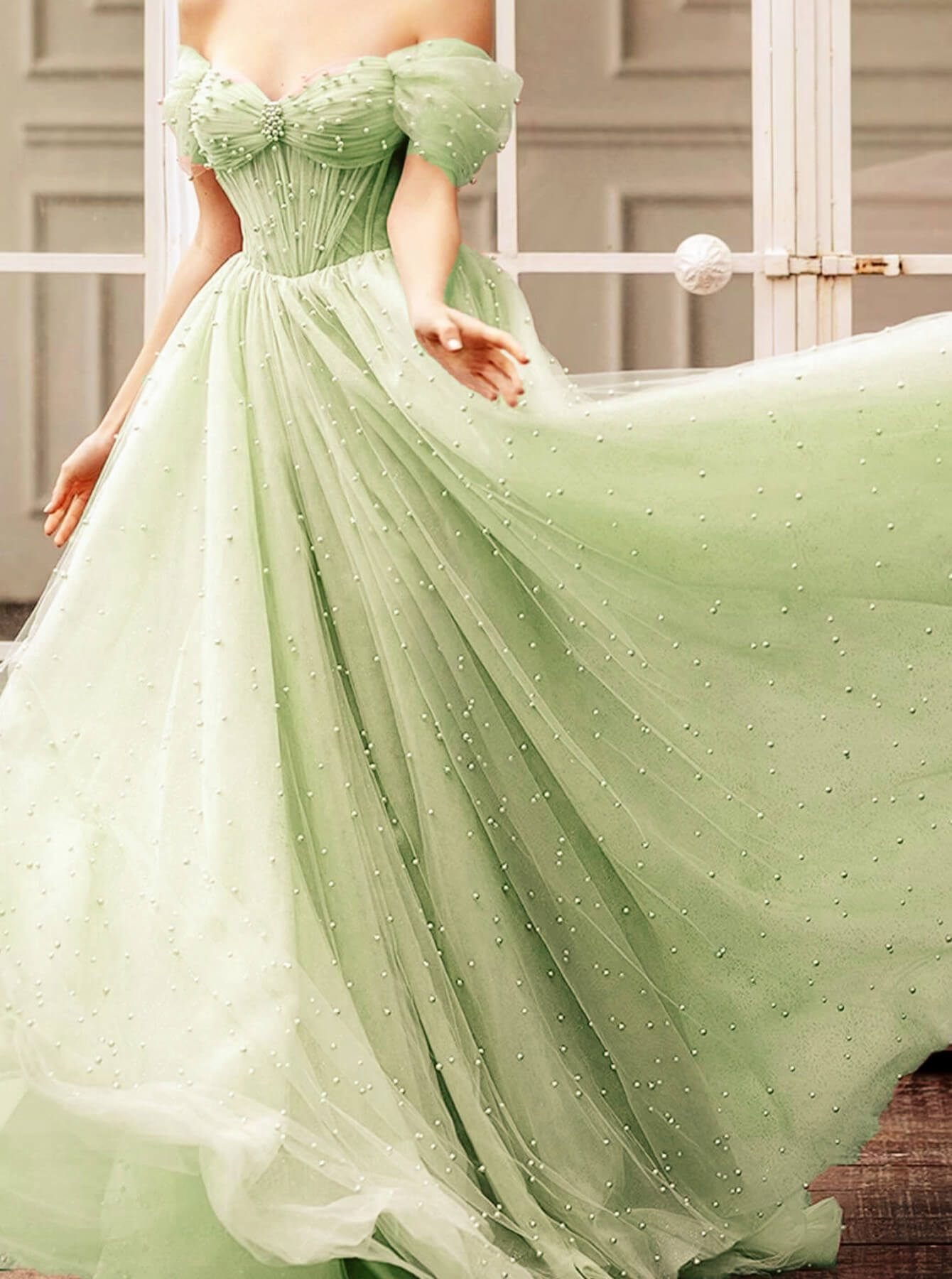 Beaded Tulle V-neck Off Shoulder Dress