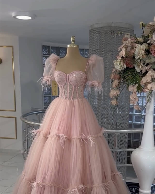 Pink Tiered Tulle Ball Gown Puffy Sleeves Dress