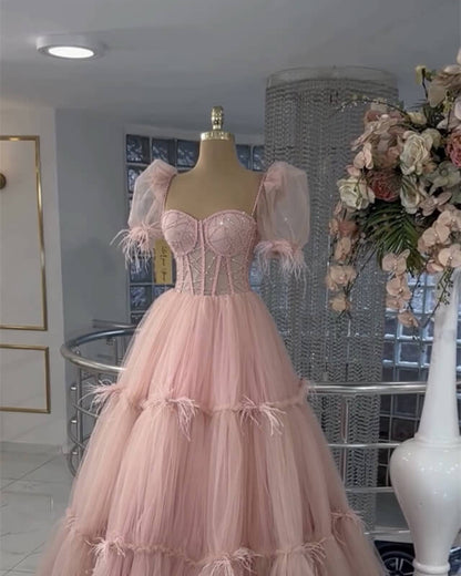 Pink Tiered Tulle Ball Gown Puffy Sleeves Dress