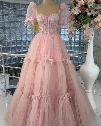 Pink Tiered Tulle Ball Gown Puffy Sleeves Dress
