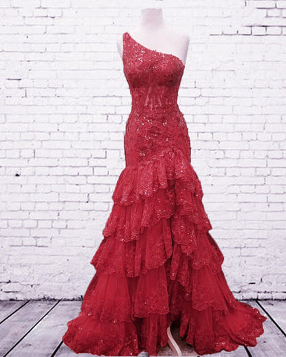 Mermaid One Shoulder Tiered Lace Dress